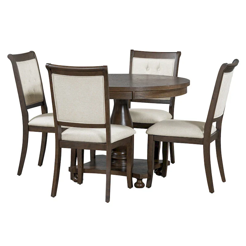 5 Piece Dining Table Set, Solid Wood Kitchen Dining Room Table Set with Round Dining Table and 4 Upholstered Chairs