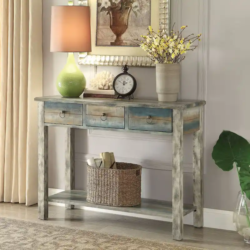 Antique Grey and Teal 3-Drawer Console Table