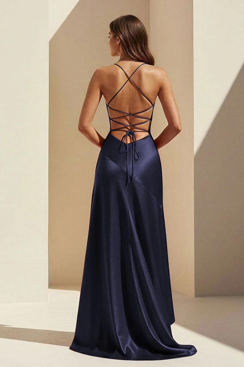 Navy Blue - Spaghetti Straps Sheath Satin High Low Prom Dresses With Ruffles