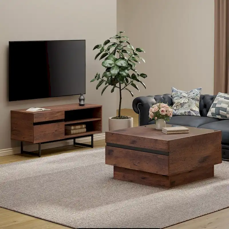 Modern TV Stand & Coffee Table Set of 2 – Walnut Wood Grain, Tempered Glass Top & Hidden Storage