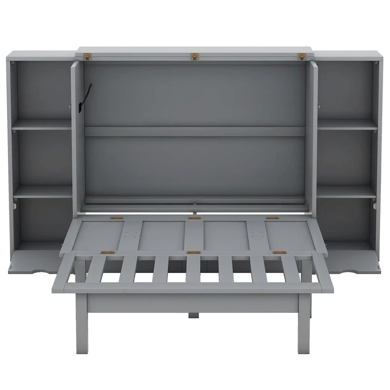 White/Grey Murphy Bed, Queen, 1-Person, with Shelves, Drawers & USB Ports