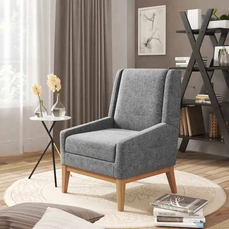 Grey / Stripe / Tan / Blue Farmhouse Polyester Armchair with Solid Wood Arms & Legs - Single Use