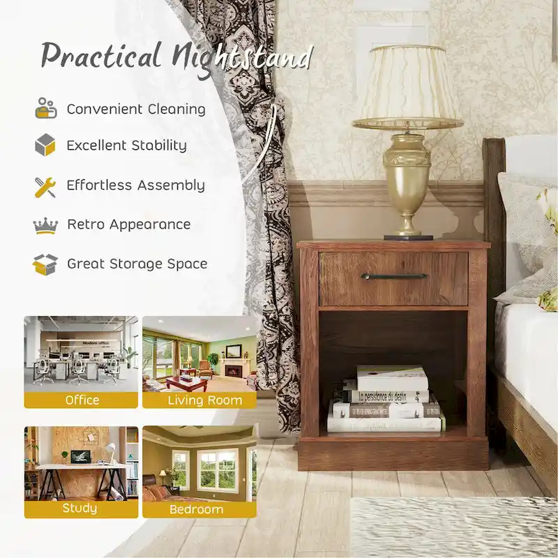 Gymax Nightstand with Drawer and Shelf Rustic Wooden Bedside Table