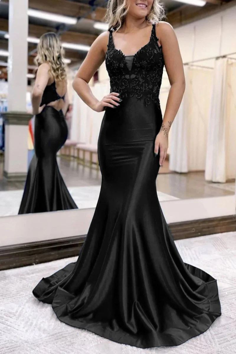 Mermaid Deep V Neck Satin Long Prom Dress with Appliques