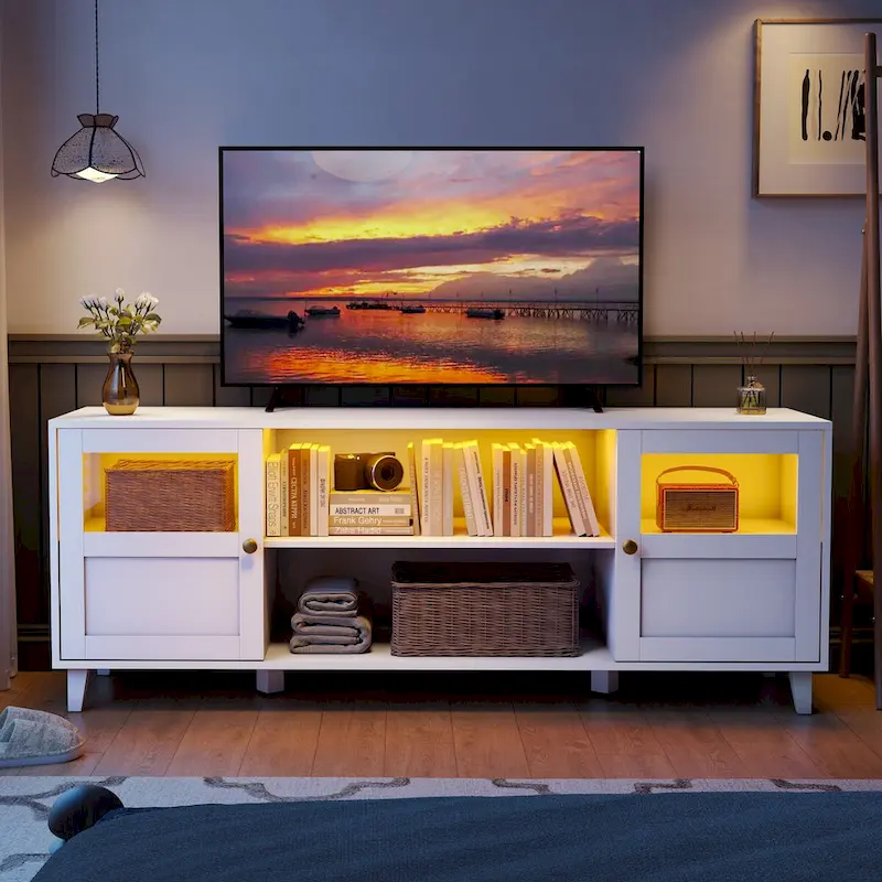 White TV Stand with LED Lights, Open Shelves & Cabinet, Fits up to 65