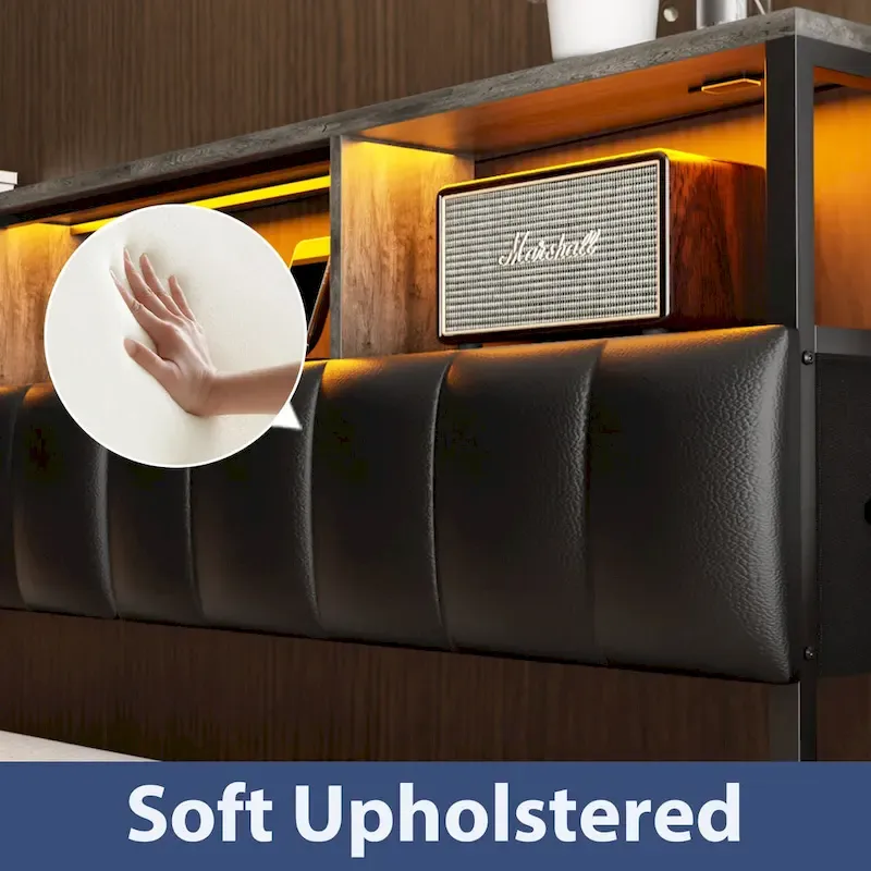 Upholstered Headboard with Hidden Drawer, Head Board with Power Outlet and LED Light