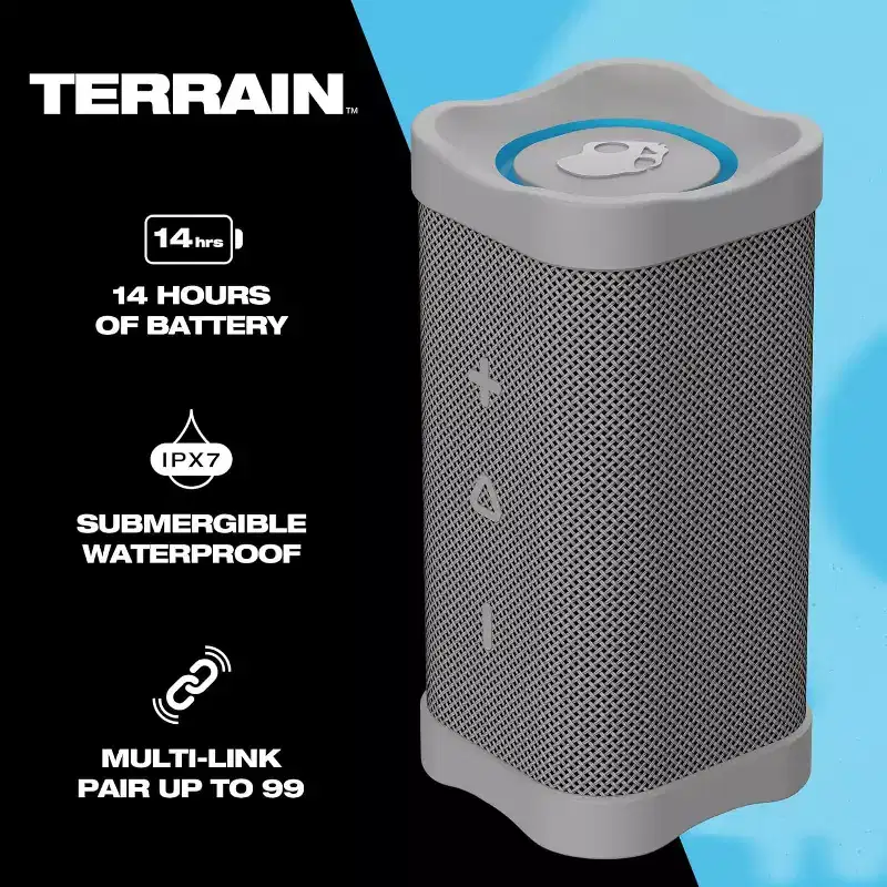 Skullcandy Terrain XT Wireless Bluetooth Speaker - IPX7 Waterproof, Portable, 14 Hour Battery, Nylon Wrist Wrap, & True Wireless Stereo, Light Grey