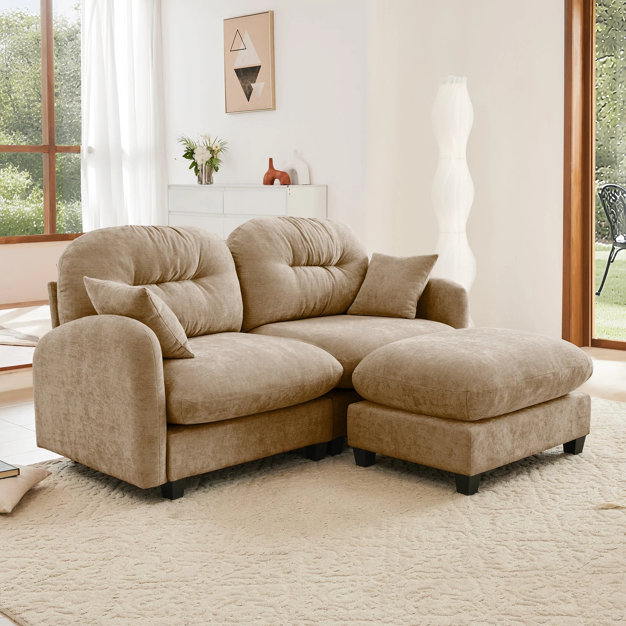 Tufted Chenille Cloud Loveseat Sectional Sofa Couch with Ottoman