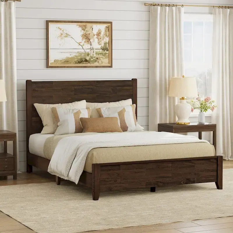 LUE BONA Pine Platform Bed with Distressed Headboard, Solid Wood Queen Bed Frame/King Bed Frame/Full Bed Frame