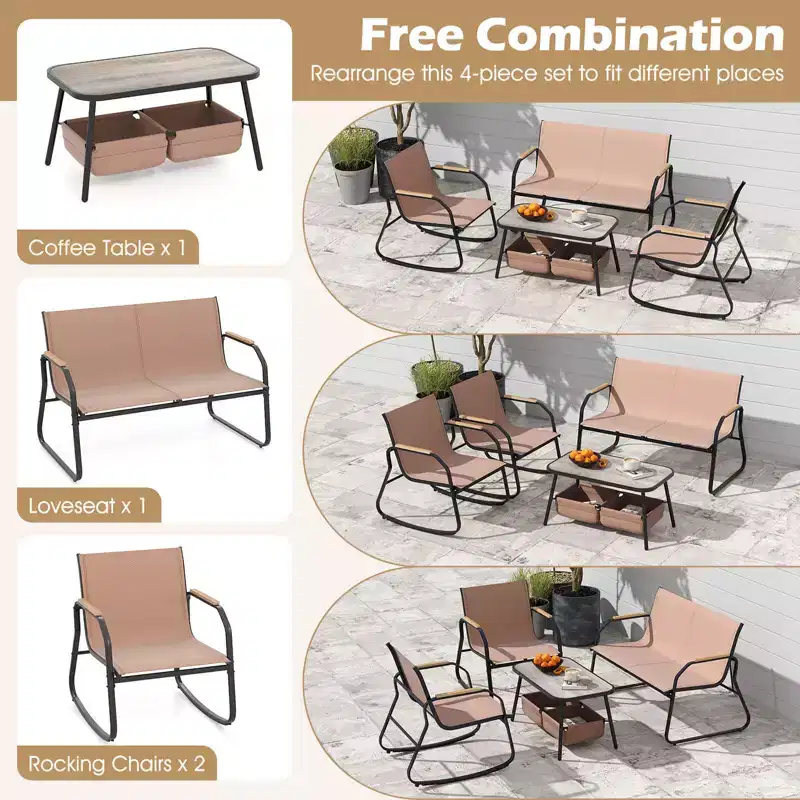 Costway 4 PCS Patio Furniture Set with 2 Rocking Bistro Chairs 2-Tier Coffee Table