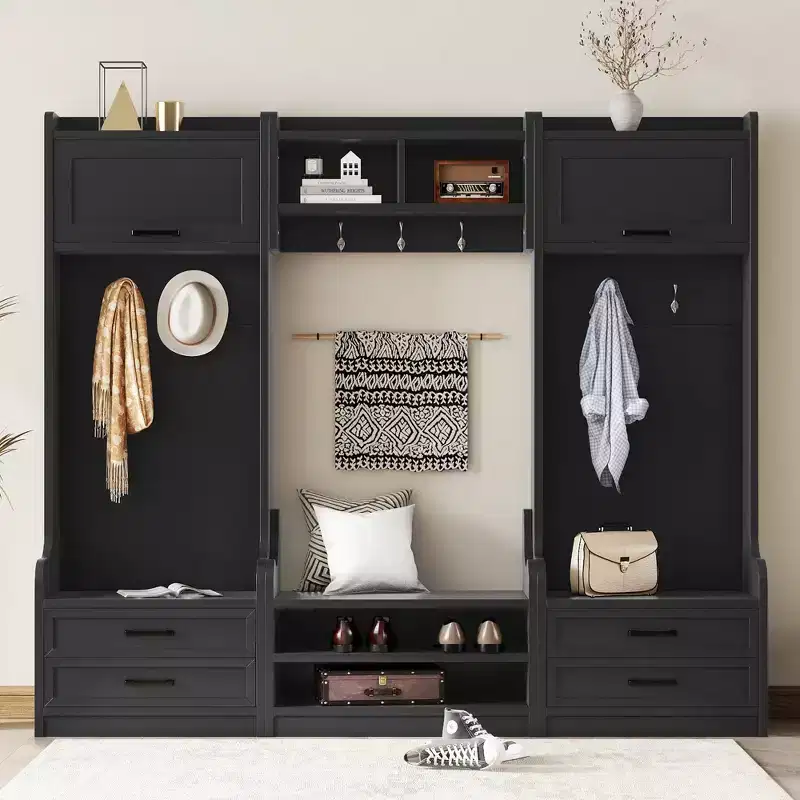 Entryway Hall Tree with Bench and Shoe Storage, 7 Hooks Coat Rack, Drawers, Cabinet, Detachable Multiple Functions Halltree