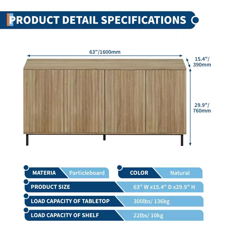 Fluted Sideboard Buffet Cabinet with 4 Doors, Adjustable Shelves and Metal Legs, for Living Room Dining Room