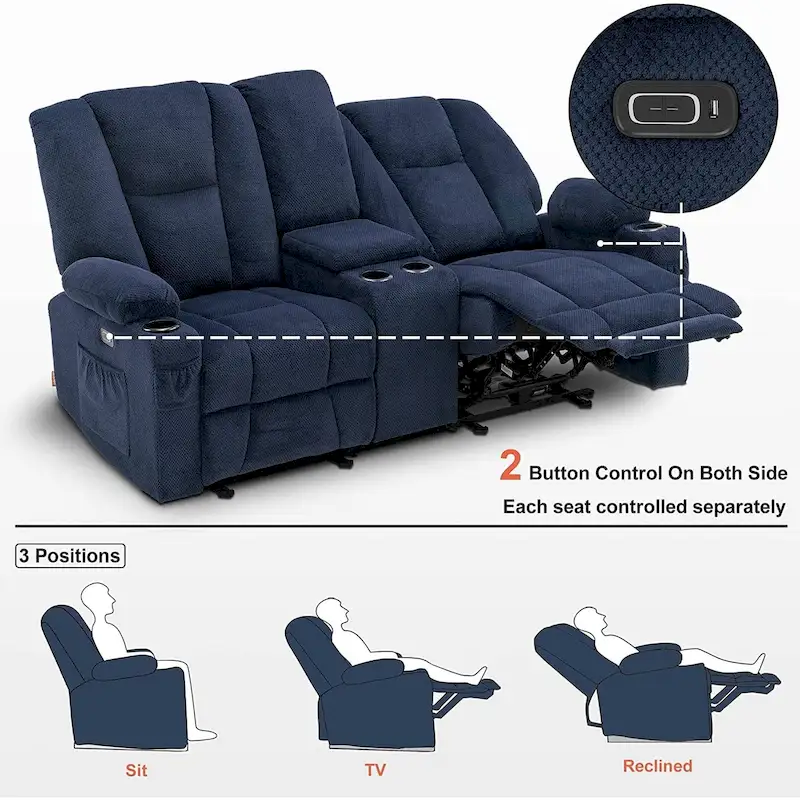 Electric Power Reclining Sofa with Massage and Lumbar Heat, Fabric