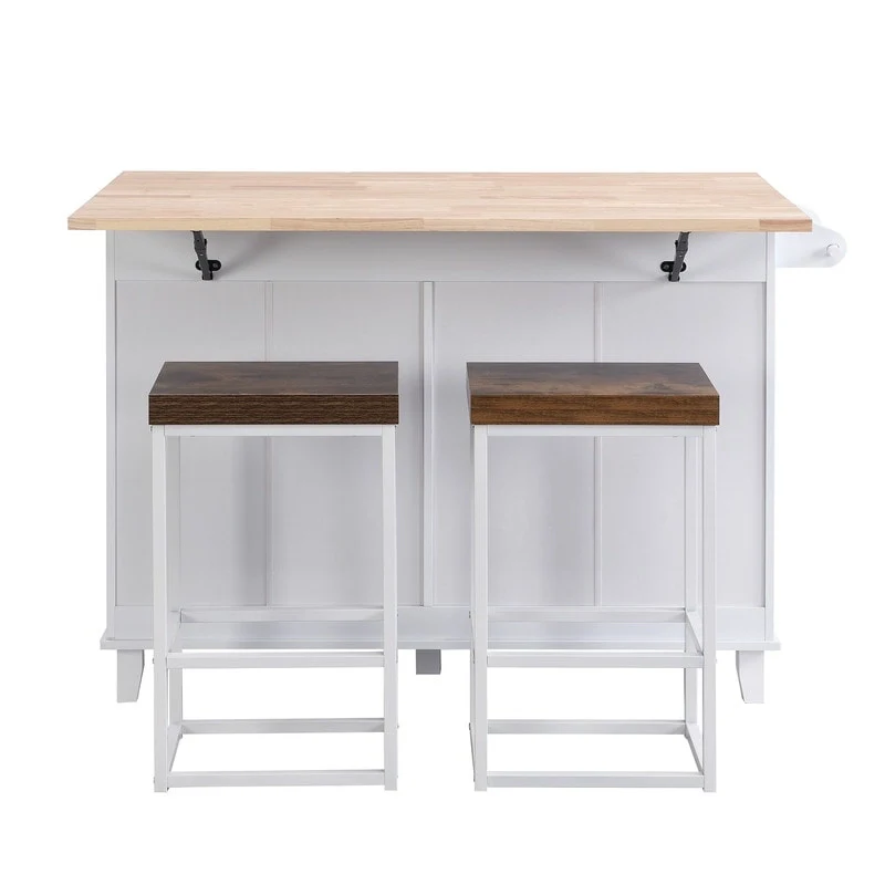 Natural Wood Kitchen Island with Drop Leaf - 2 Stools