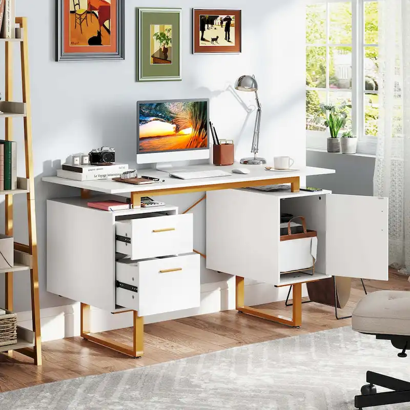 Costway 51 Home Office Desk with Floating Desktop Dual Drawers