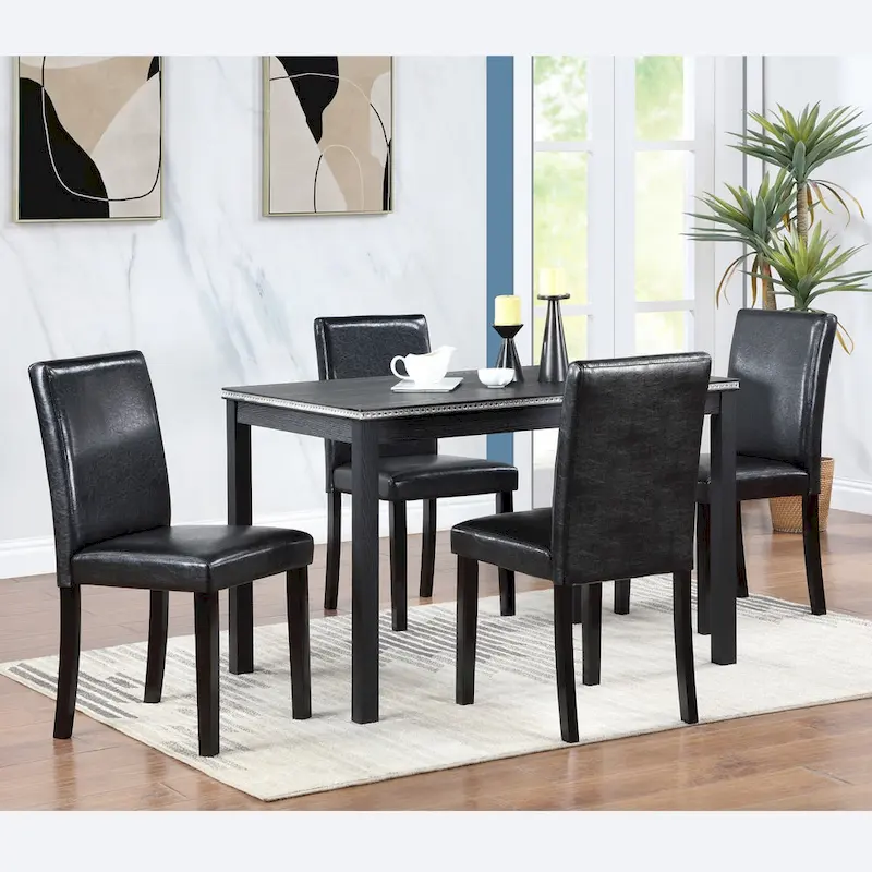 Wooden Dining Table with Rectangular Top and 4 Upholstered Chairs