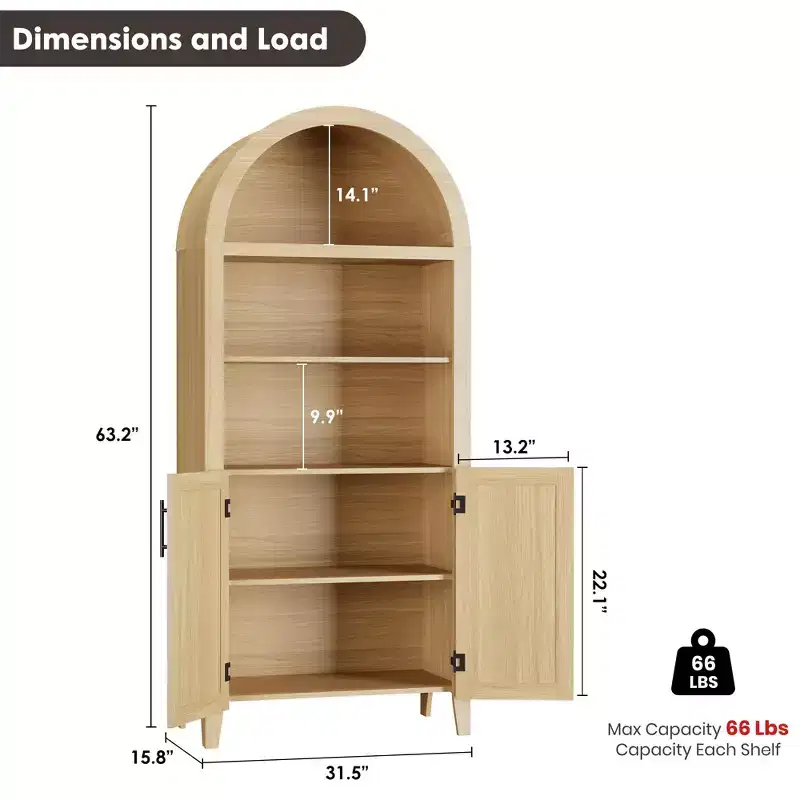 63.2 Modern Arched Storage Bookcase with Doors, 5-Tier Open Shelf with Rattan Decor, Stylish Display Cabinet for Living Room, Home Office & Library