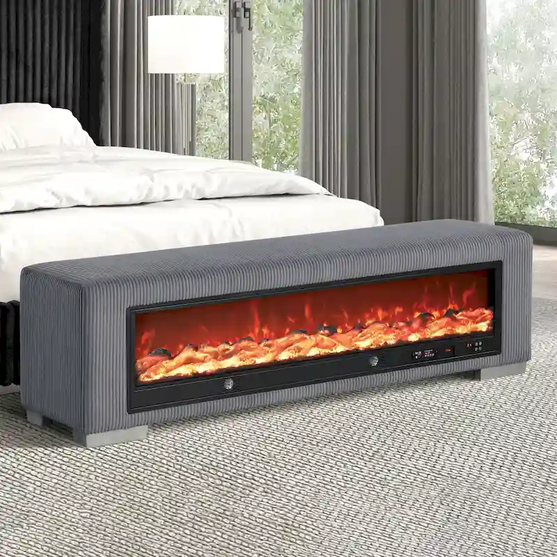 Furniture of America Goffney Chenille Bench with Fireplace Simulator and Bluetooth Audio