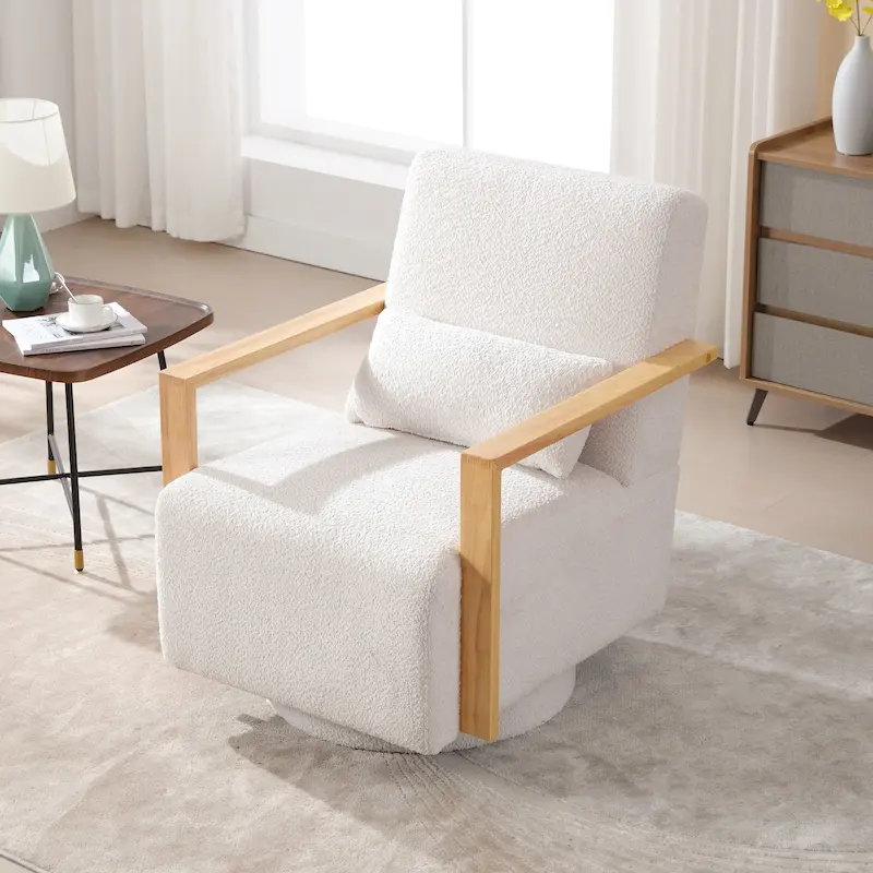 Boucle Swivel Armchair with Pillow, Mid-Century, 360° Swivel, Foam & Spring Cushion, Seats 1, 10 Colors