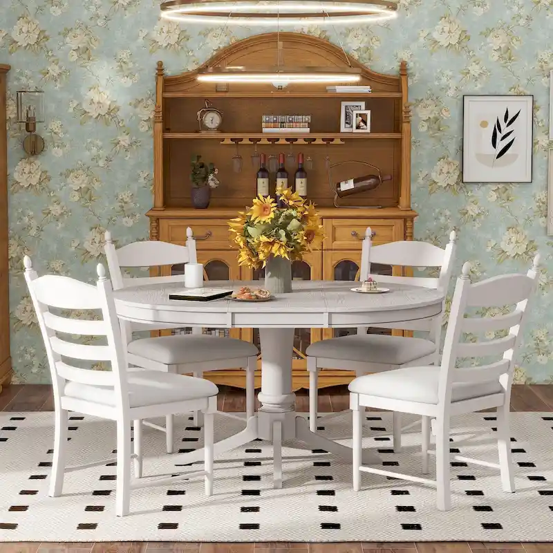 5-Piece Dining Table Round Extendable Dining Table and 4 Chairs