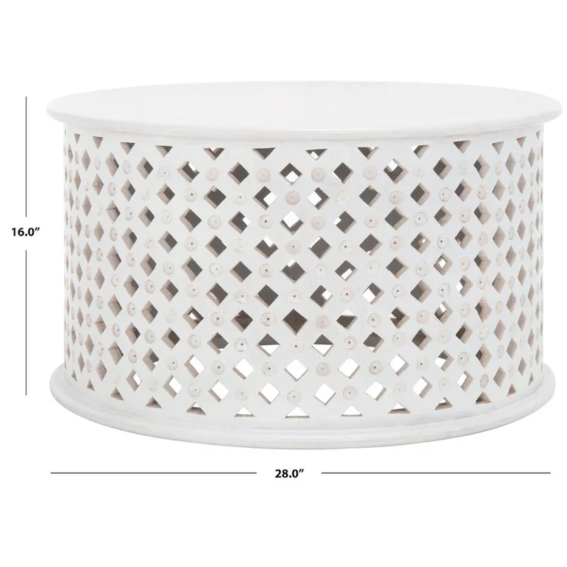 Round Mango Wood Coffee Table with Lattice Base