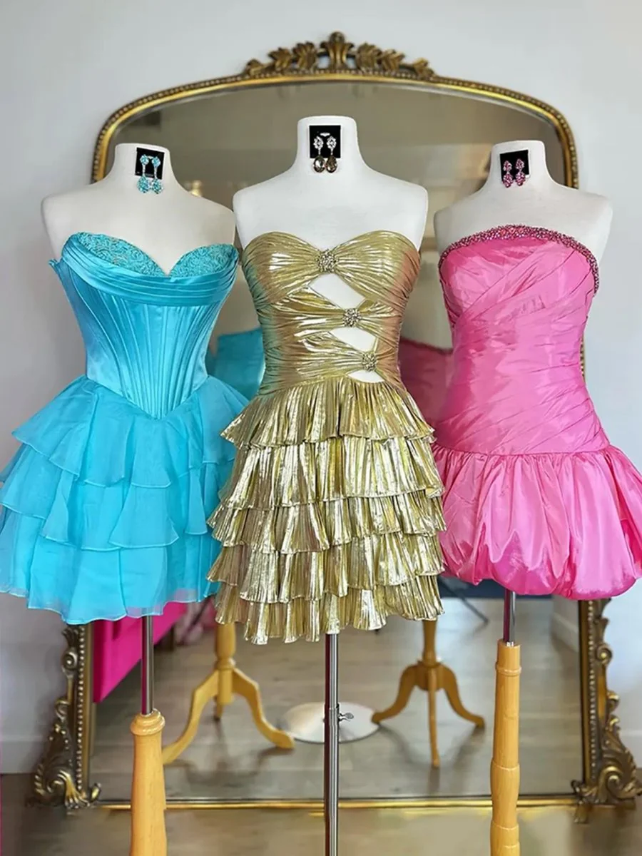 Pink - Strapless A Line Satin Pleated Homecoming Dress With Beading