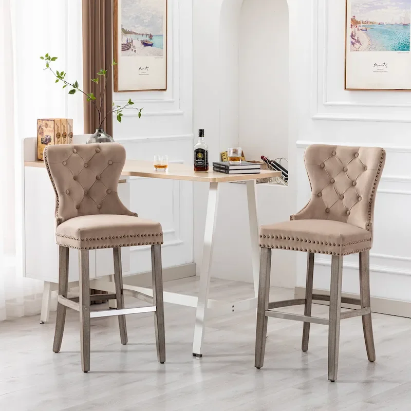 Carter 29 Wingback Tufted Nailhead Bar Stool (Set of 2), Antique Grey Legs