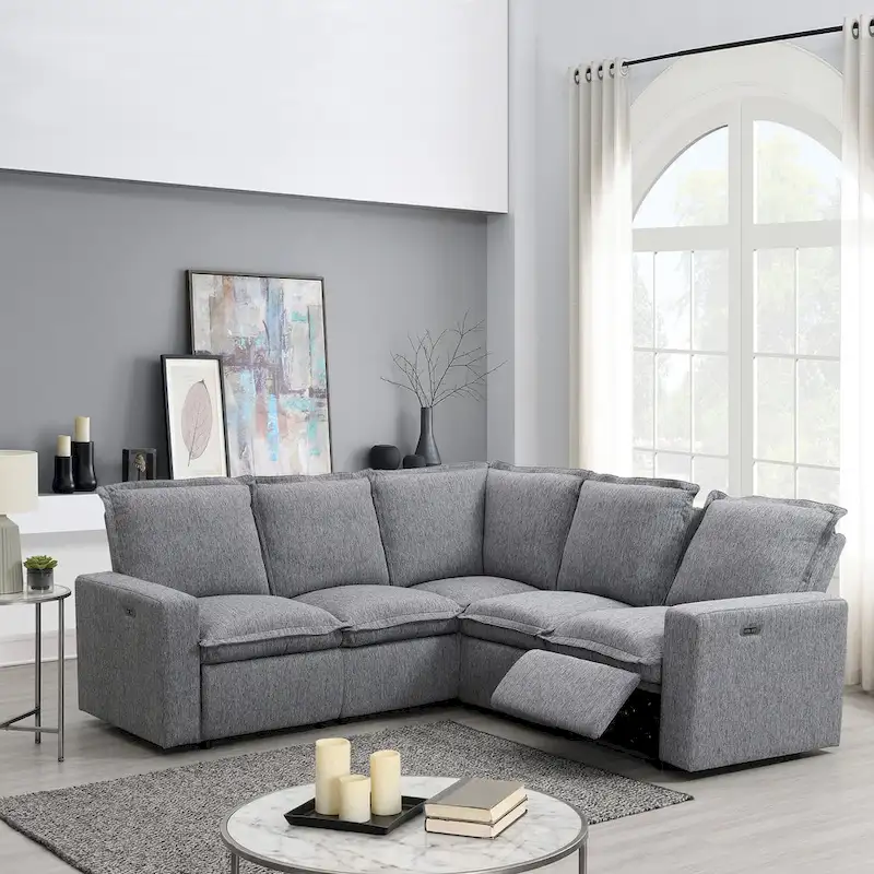 Linen L-Shaped Sectional Sofa with Power Recliners & USB