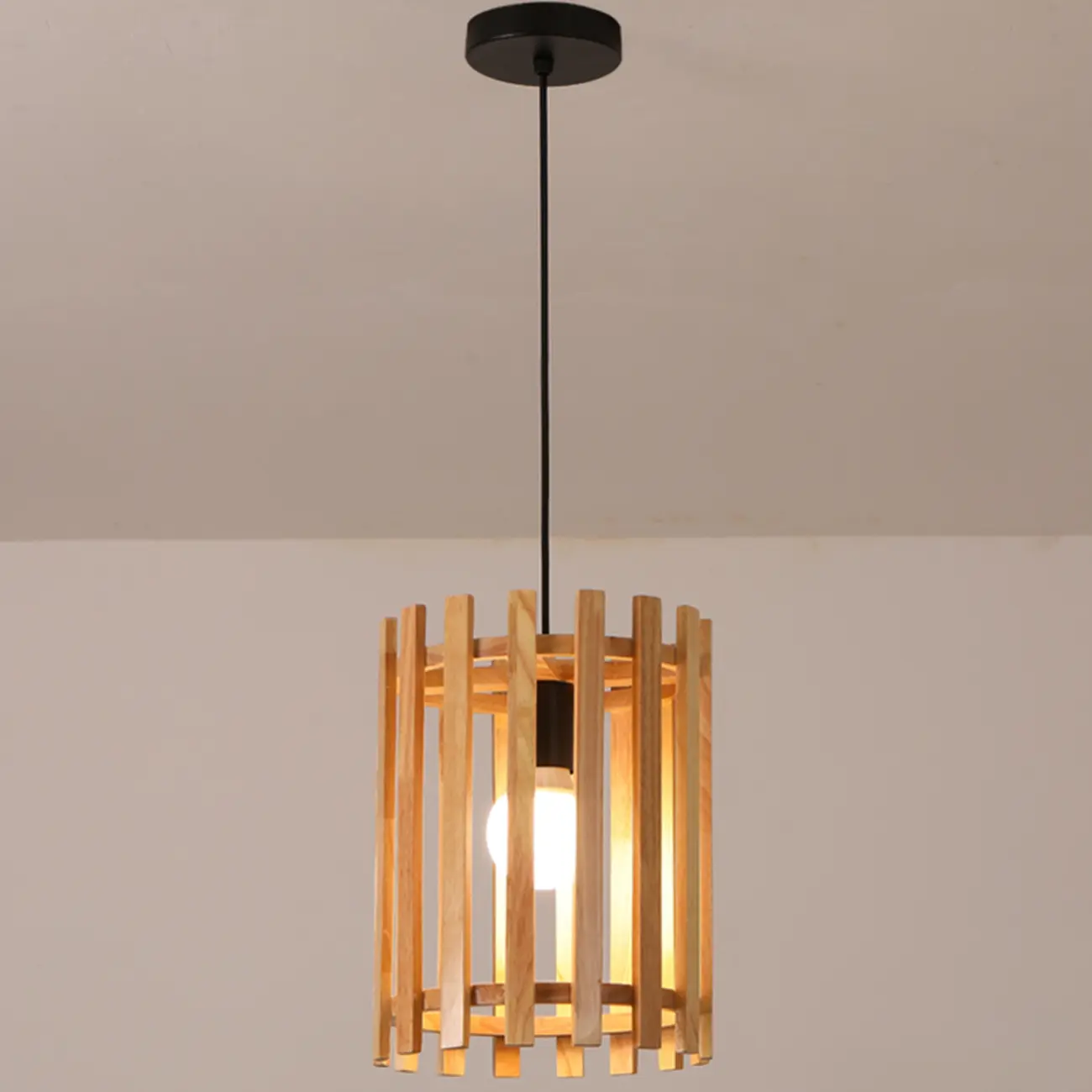Adjustable Height Rustic Cylinder Wooden Pendant Light