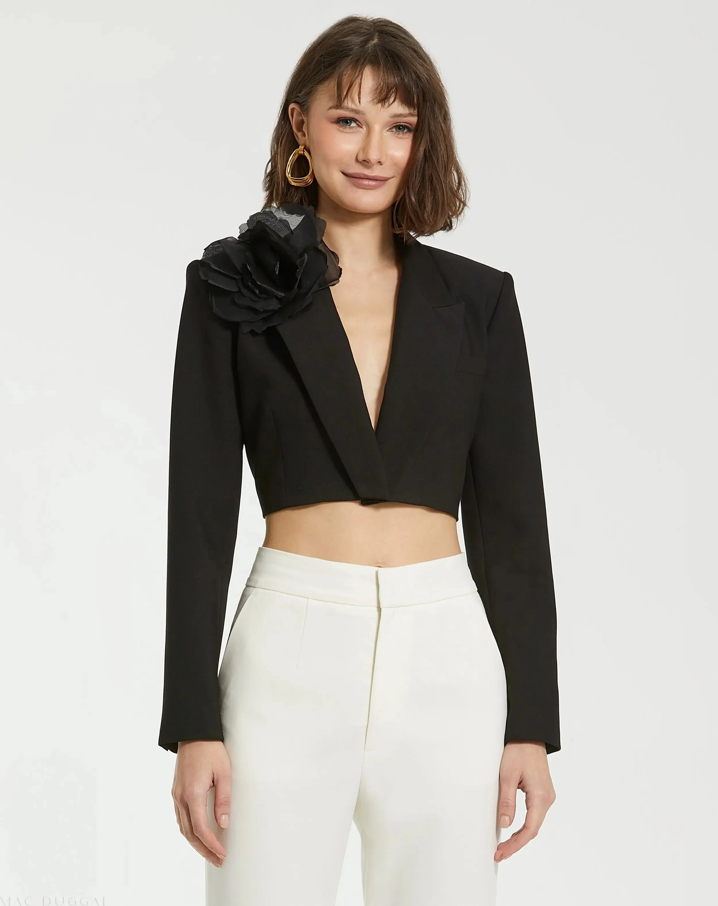 Black Notch Collar Crepe Cropped Tailored Blazer Jacket - Final Sale
