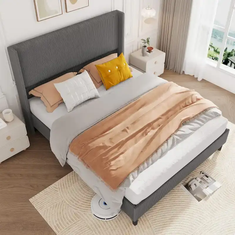 Upholstered Corduroy Bed Frame, Bed Frame with Wingback Headboard