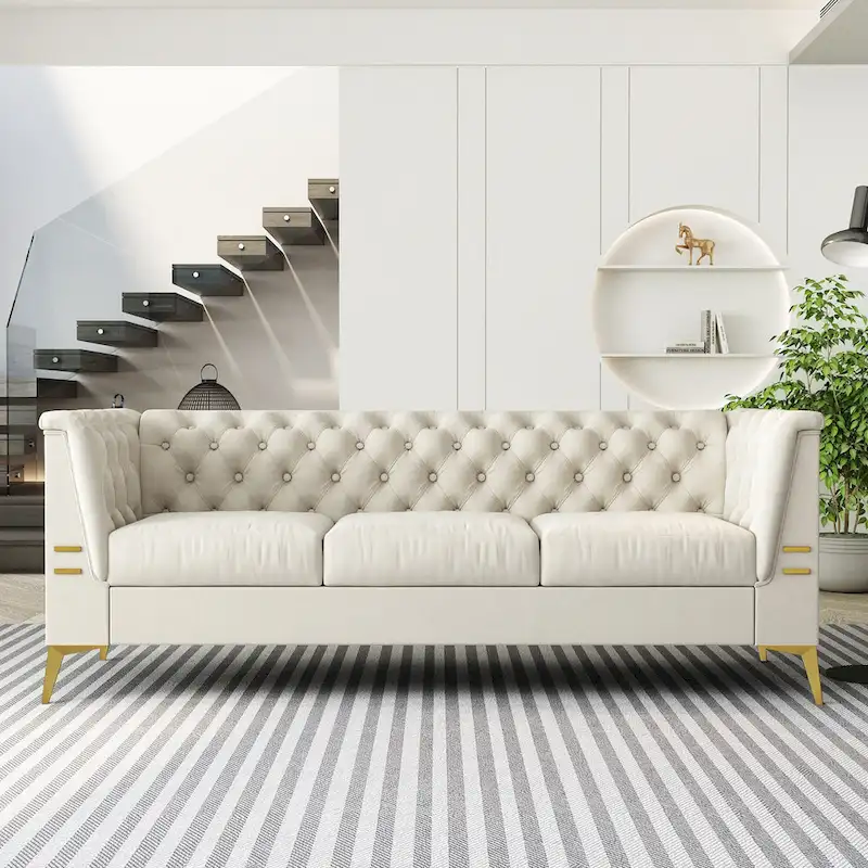 3-Seater Velvet Sofa with Tufted Cushions and Gold Metal Legs