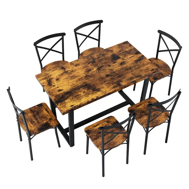 Modern Style 7-Piece Dining Set with Rectangular Table and 6 Cross Back Dining Chairs