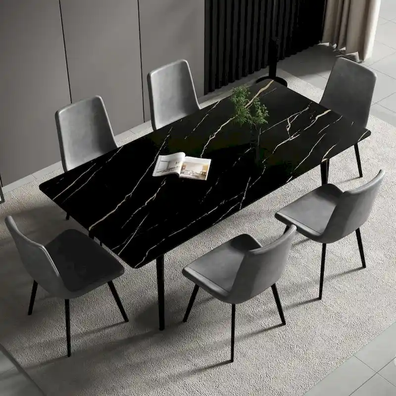 70.8 inch rectangular white kitchen dining table, with a sintered stone marble tabletop, metal legs