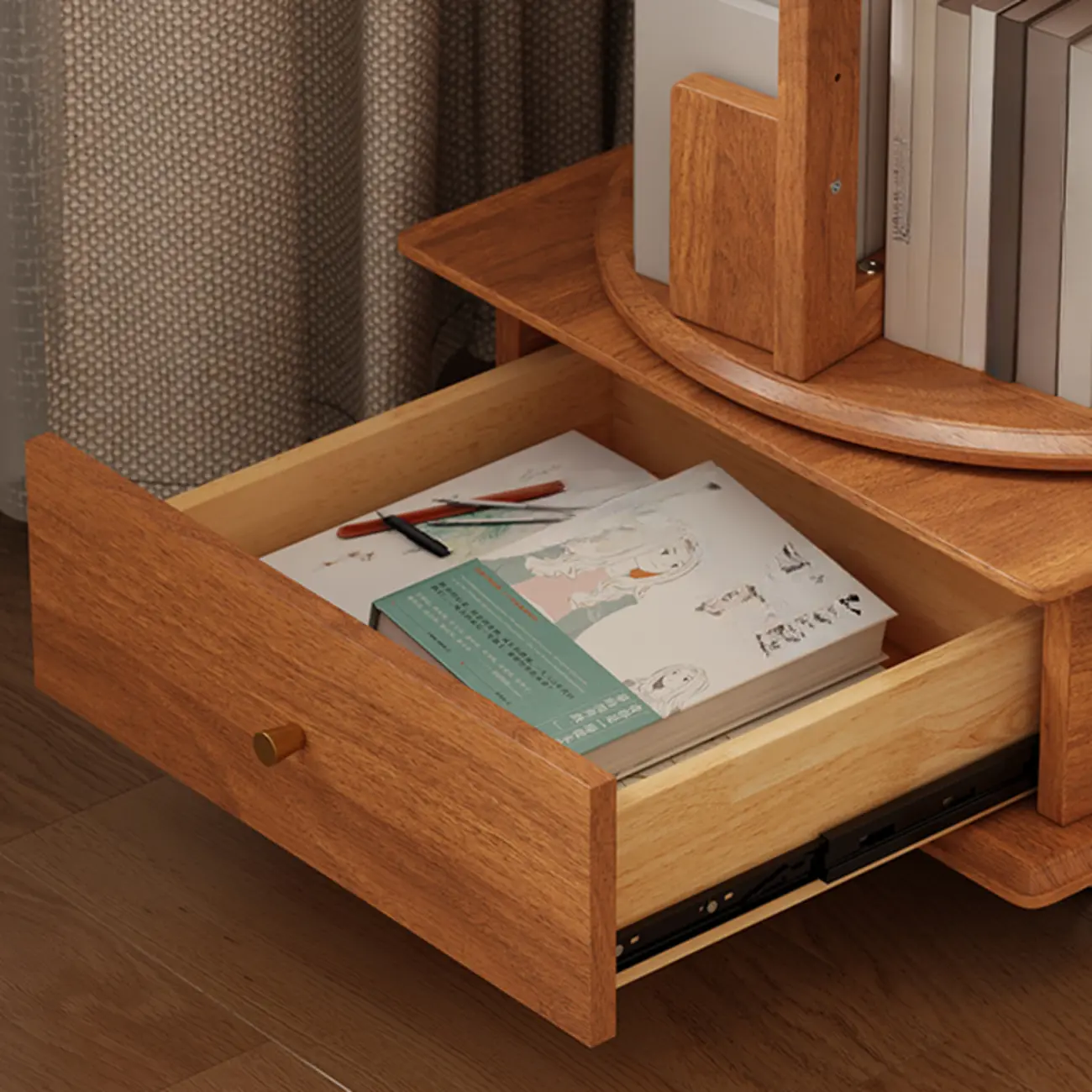 Swivel Rubberwood Vertical Open Back Bookcase with Drawer