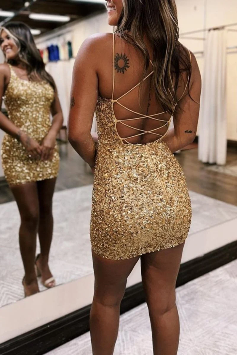 Sparkly Golden Bodycon Spagehetti Straps Sequins Lace-up Back Mini Party Dresses