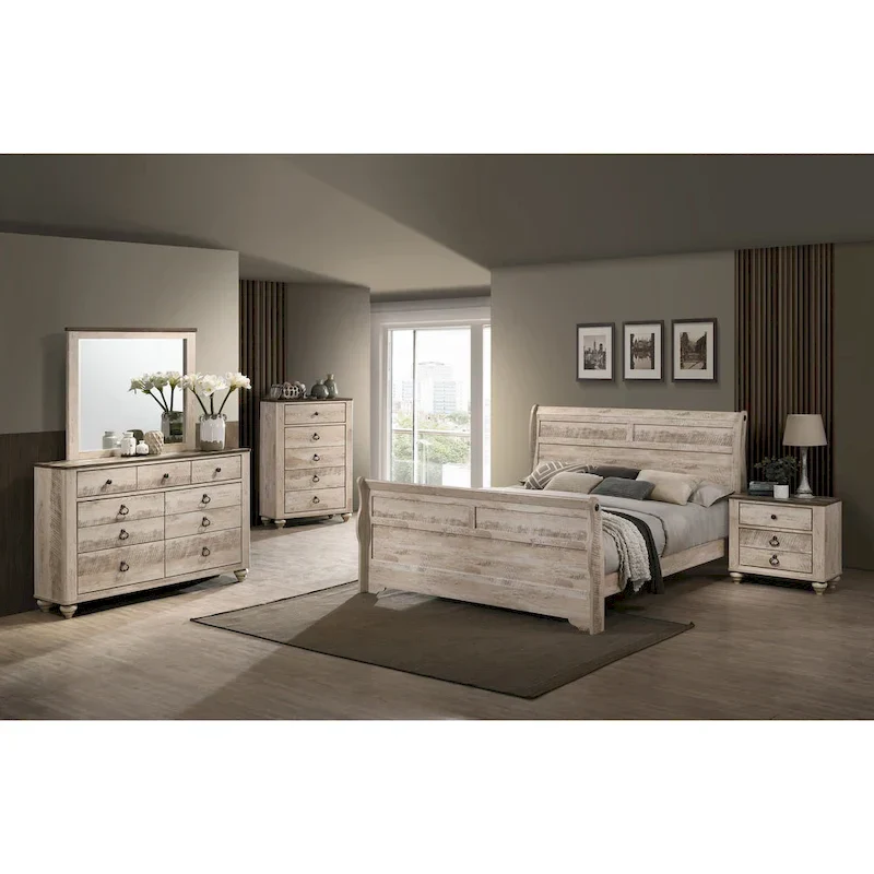 Imerland Contemporary White Wash Finish Bedroom with Sleigh Bed, Dresser, Mirror, Nightstand, Chest