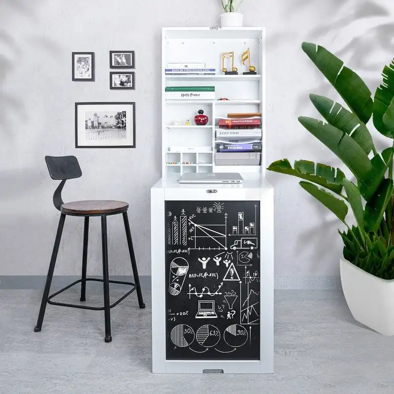 Fold Down Desk Table Wall Cabinet With Chalkboard, White