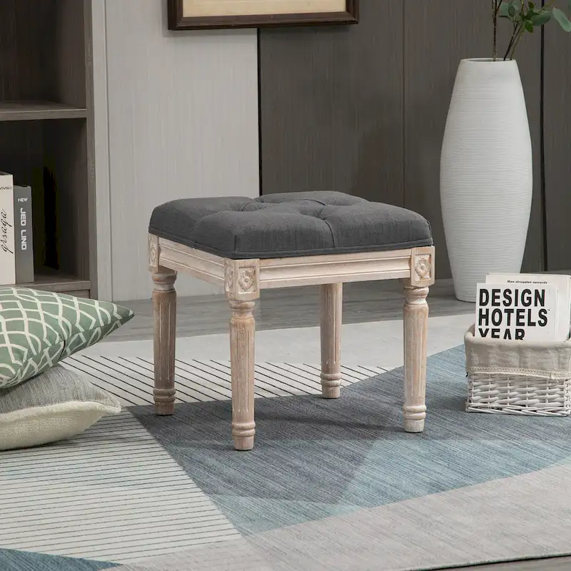 Grey / Beige Tufted Linen Ottoman with Rustic Wood Legs – 15.75