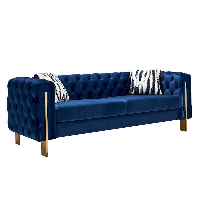 84.25  Velvet 3-Seater Sofa with Button Tufting, Gold Metal Legs, Pocket Spring And Foam Cushioning, 700 lb Capacity