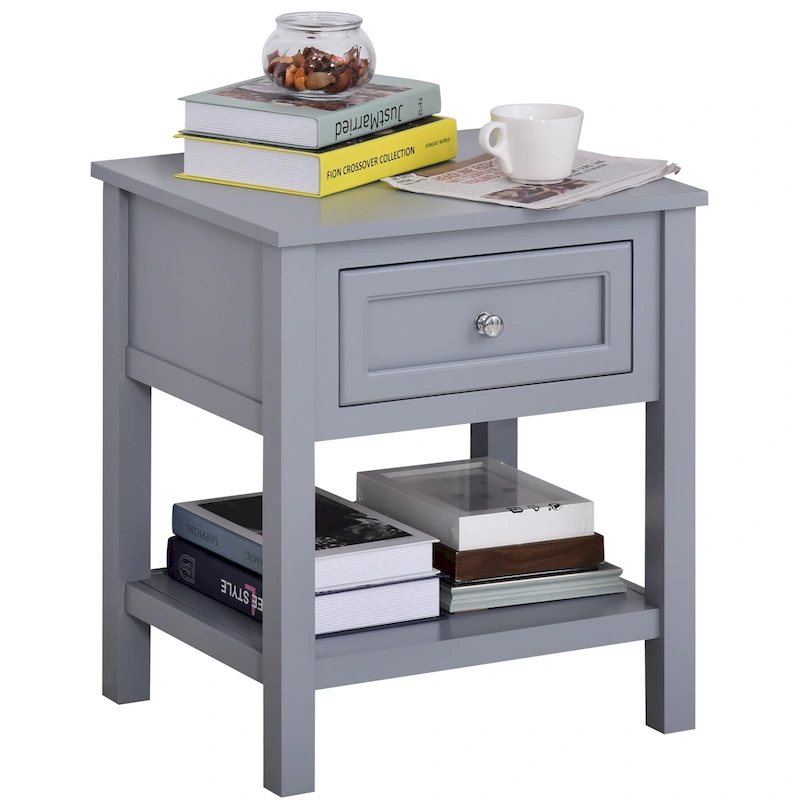 HOMCOM Accent End Table Nightstand with Grey Tabletop, Storage Drawer, and Bottom Shelf