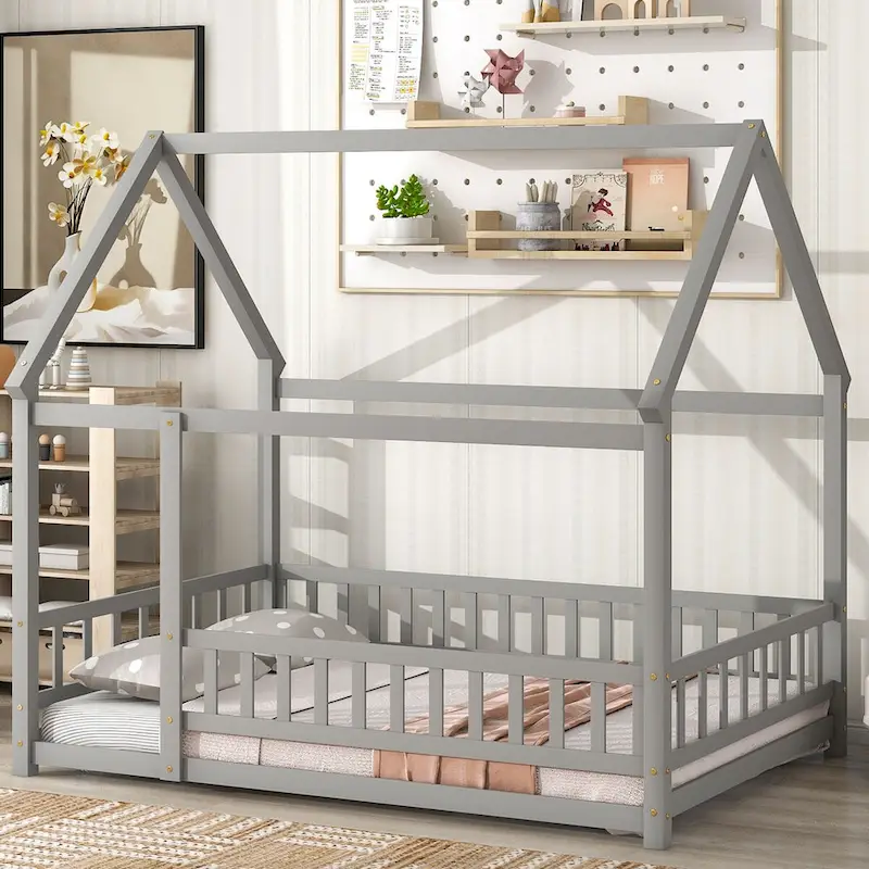 White / Grey / Pink / Brown Full Size Floor Bed – House Roof Style, 1-Person
