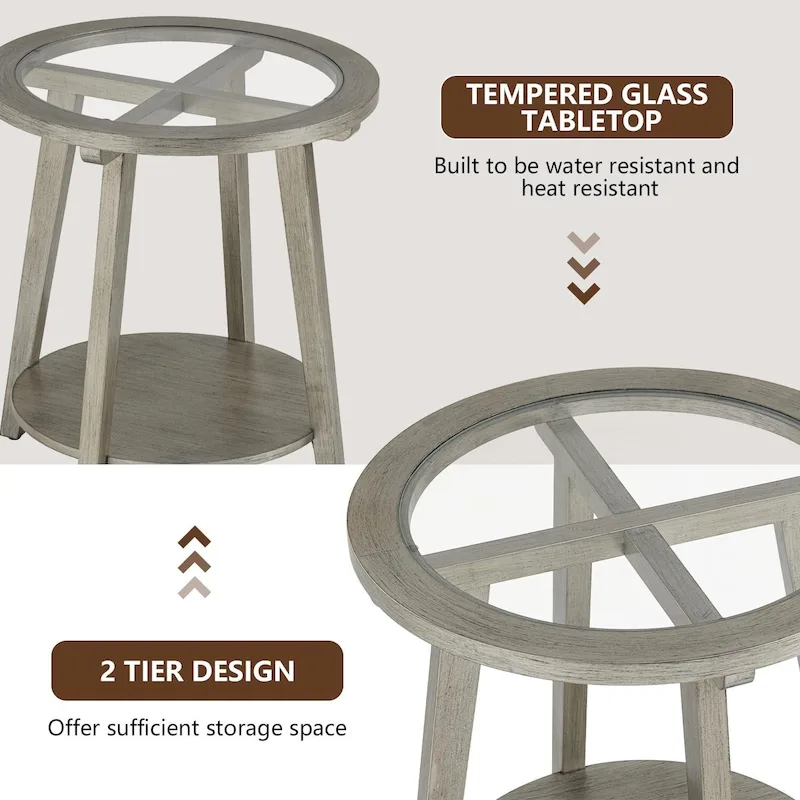 COSIEST Champagne Round Solid Wood Tempered Glass Coffee Table