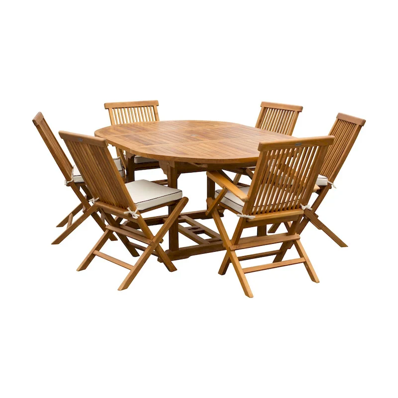 Chic Teak 7 Piece Teak Wood Miami Patio Dining Set with Round to Oval Extension Table, 2 Arm Chairs and 4 Side Chairs