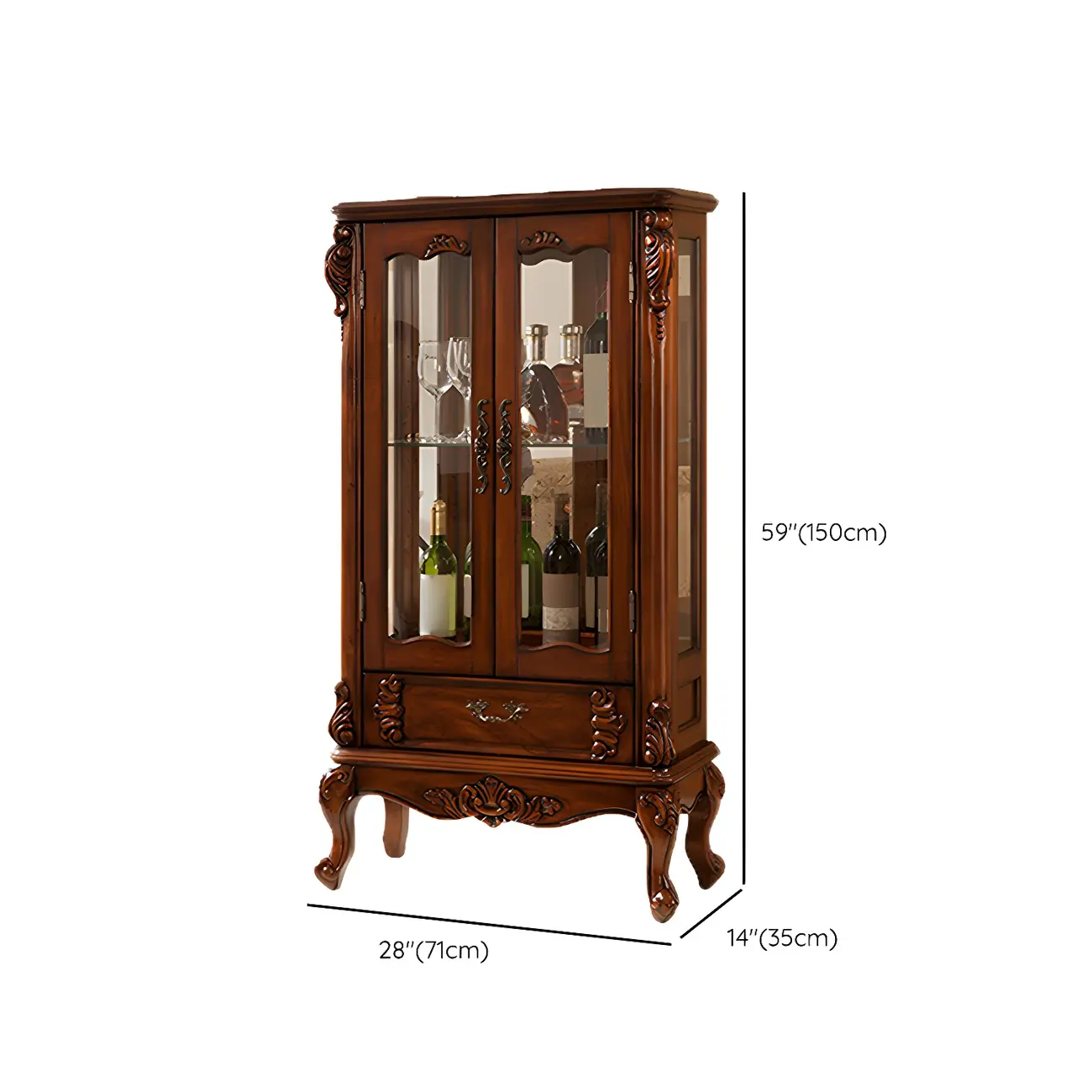 Traditional Wood Brown Glass Shelf Display Cabinet