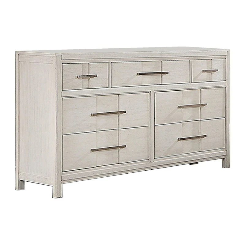 58 Inch Dresser Chest, 7 Drawers, Nickel Bar Handles, Felt-Lined Top Drawer, White, 1 Unit