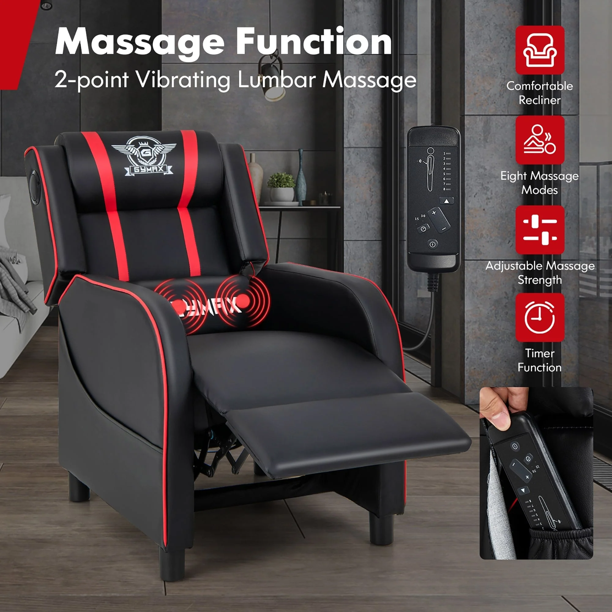 Gymax Massage Gaming Recliner Chair PU Leather Single Recliner Sofa