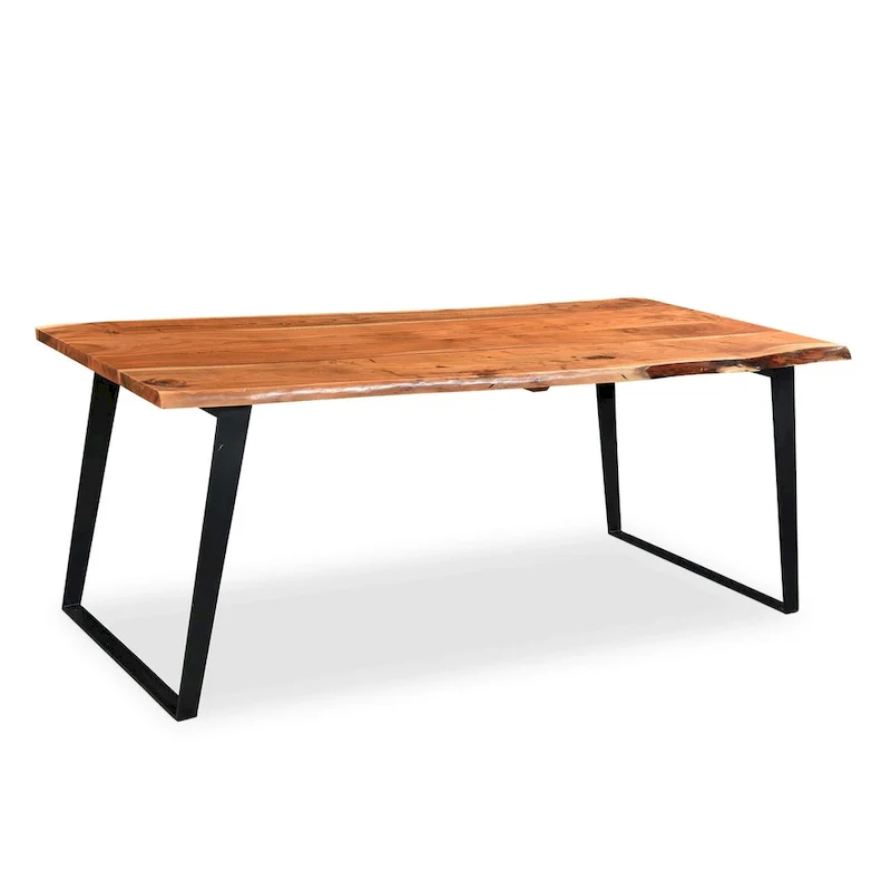 Solid Acacia Wood Live Edge Dining Table with Stainless Steel Legs – Brown / Black – Seats 4-6