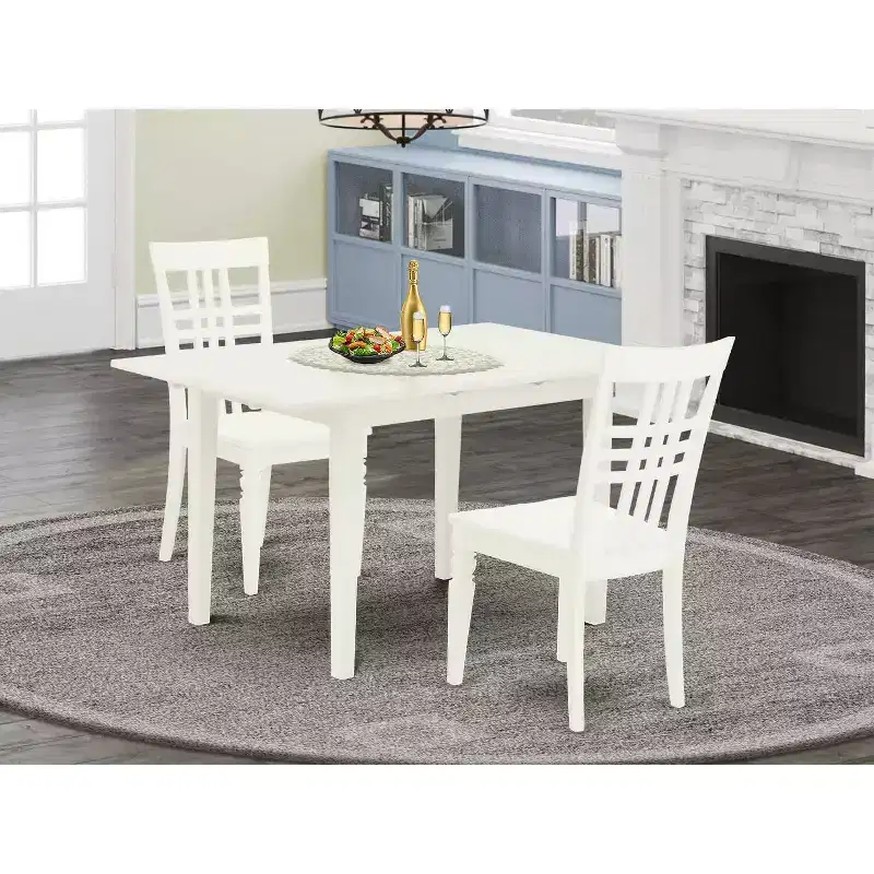 HomeStock 3-Pc Linen White Finish Rectangular Solid Wood Top With Butterfly Leaf Dining Table Set