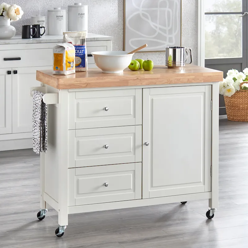 Natural Rubberwood Rolling Kitchen Island Cart